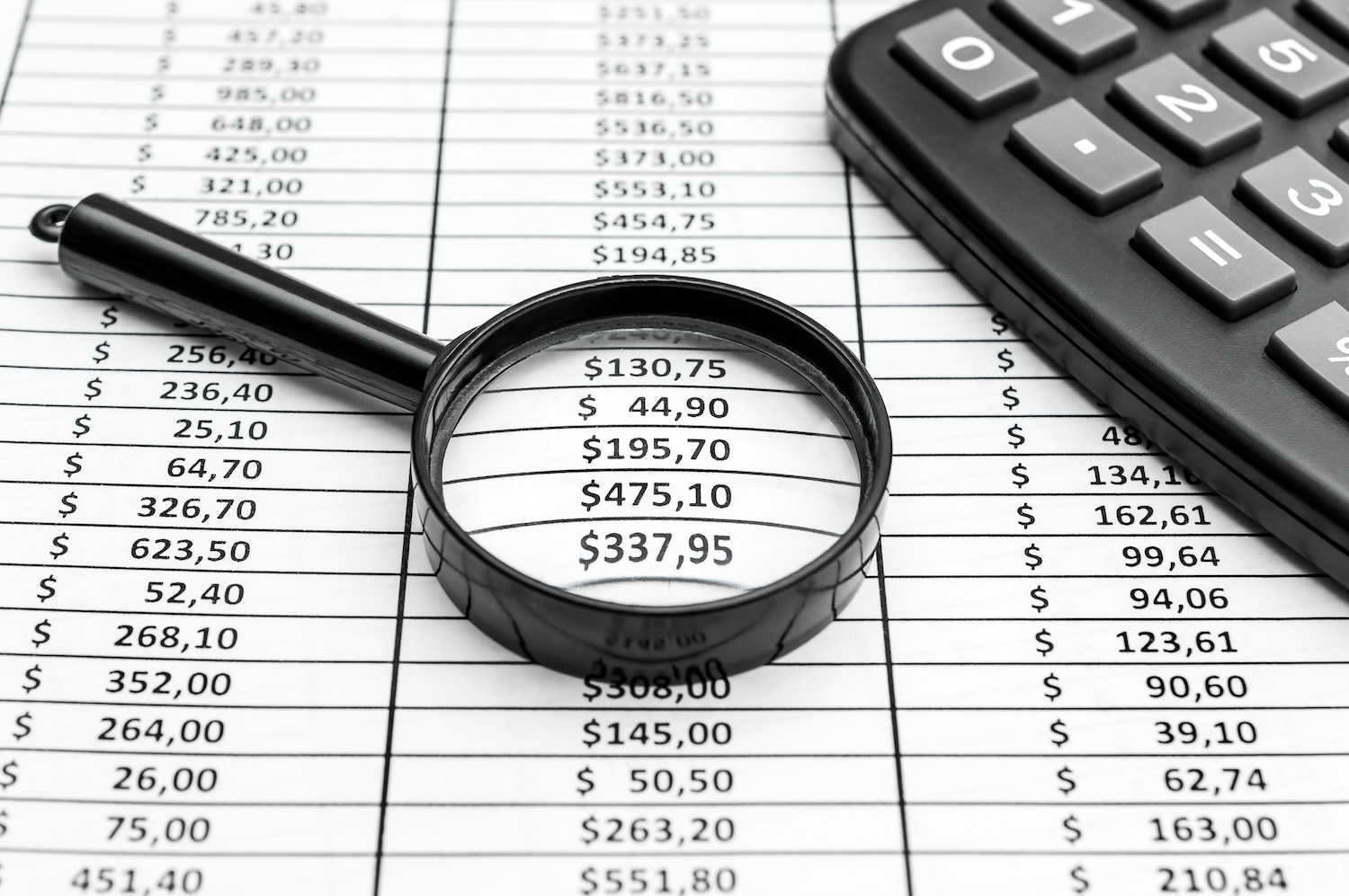 Magnifying glass over financial figures, Adobe Stock
