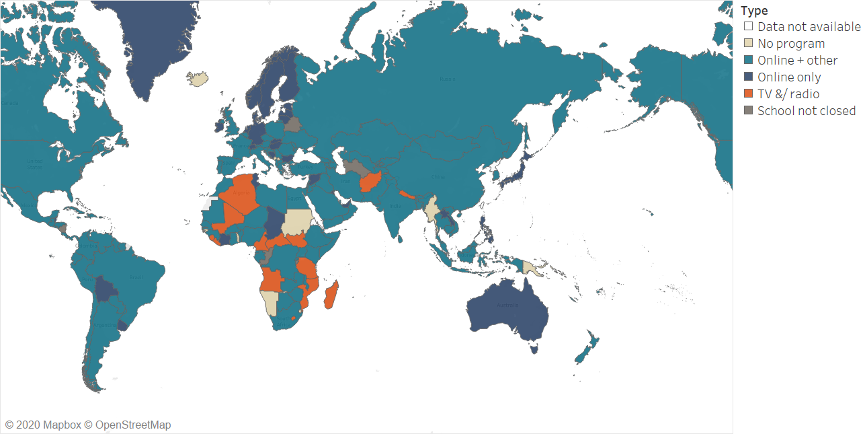 Map of distance learning programs by country, showing most regions outside of Africa are online-focused