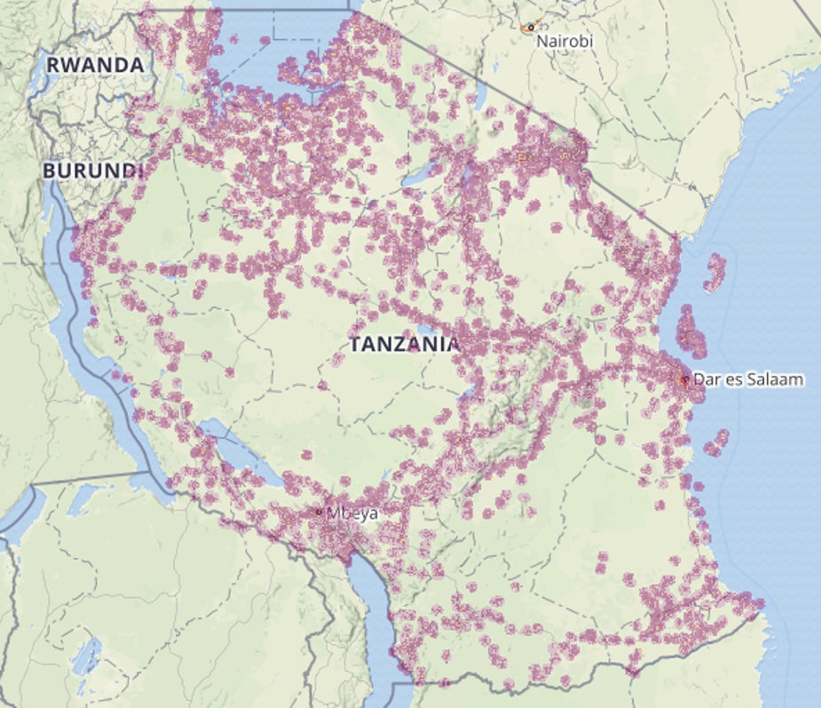 Mobile phone reception coverage map of Tanzania.