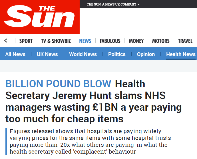 Screenshot of a headline in the Sun about NHS purchasing