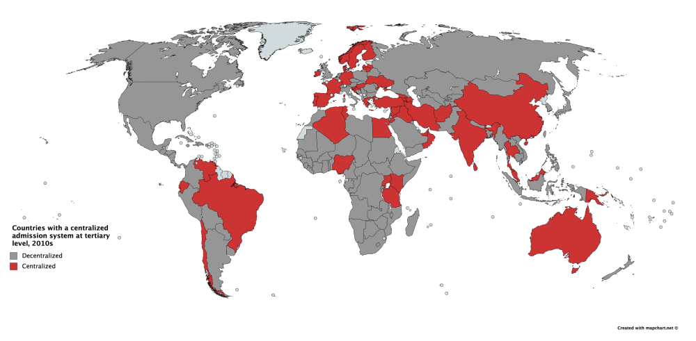 Countries with a centralized admissions system at the tertiary level, from a paper by Christopher Neilson (2019)