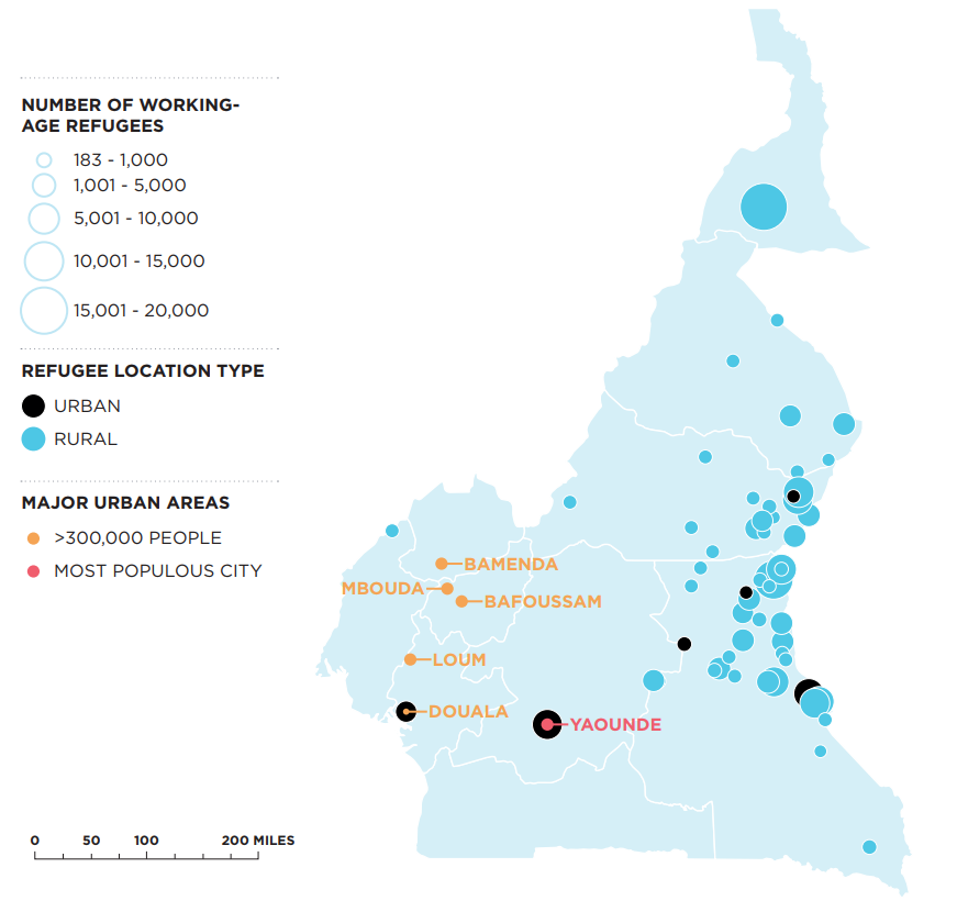 Map of Cameroon urban areas and the location of refugees relative to them