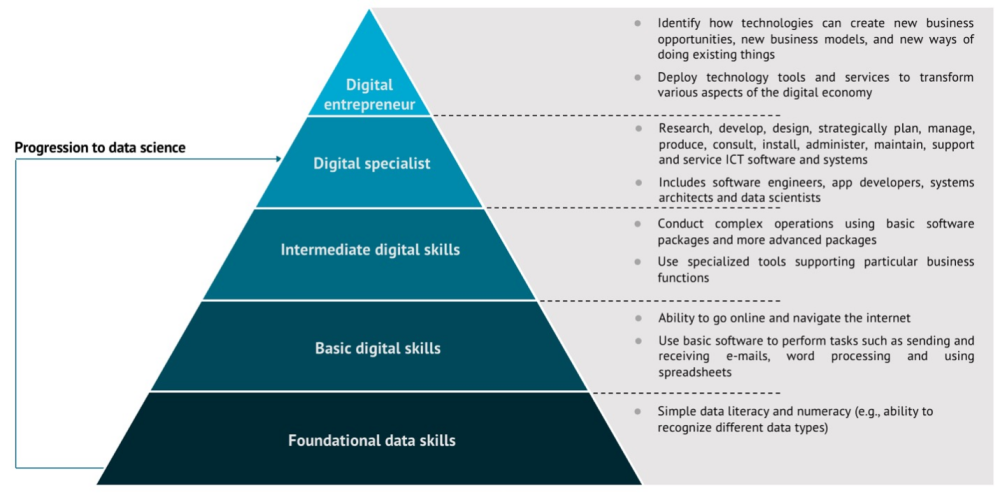 Pyramid with basic data skills like numeracy at the bottom, and data science at the top