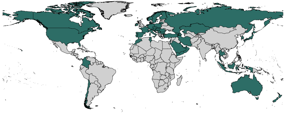 World map showing the coverage of TIMSS and PIRLS tests. Coverage is most wealthy countries and very few others.